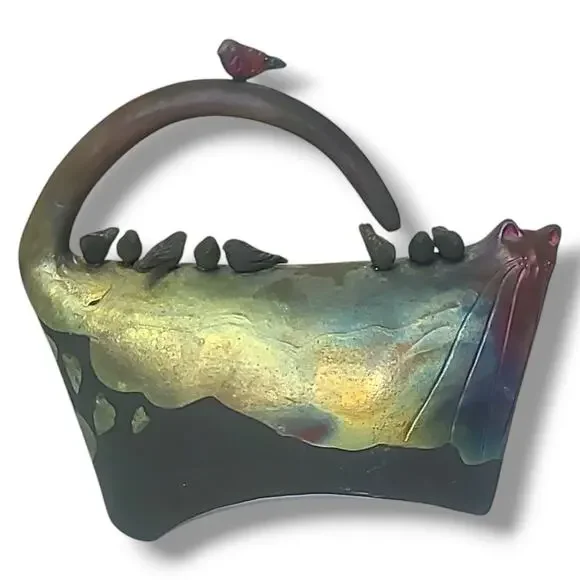 Raku Art Pottery "Fried Cats" Carole Fleischman Cat &Birds Sculpture Fugurine 8"